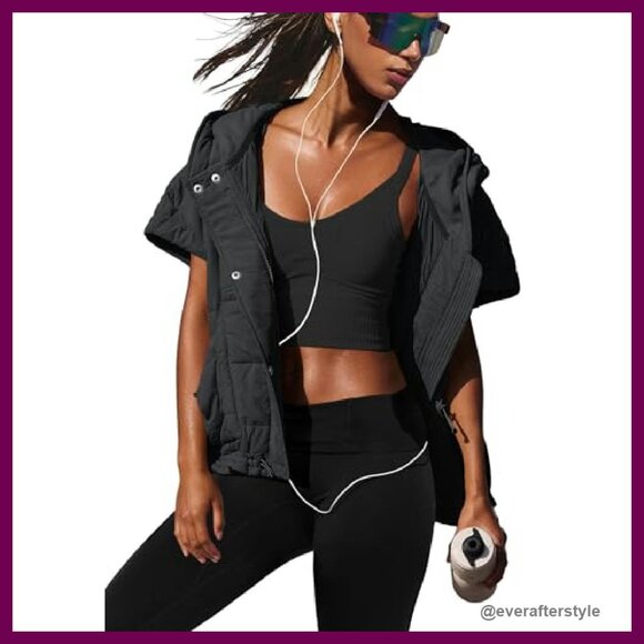 Cropped Puffer Vest Quilted Jacket Oversized Poncho Stand Collar Full Zip - Picture 5 of 5